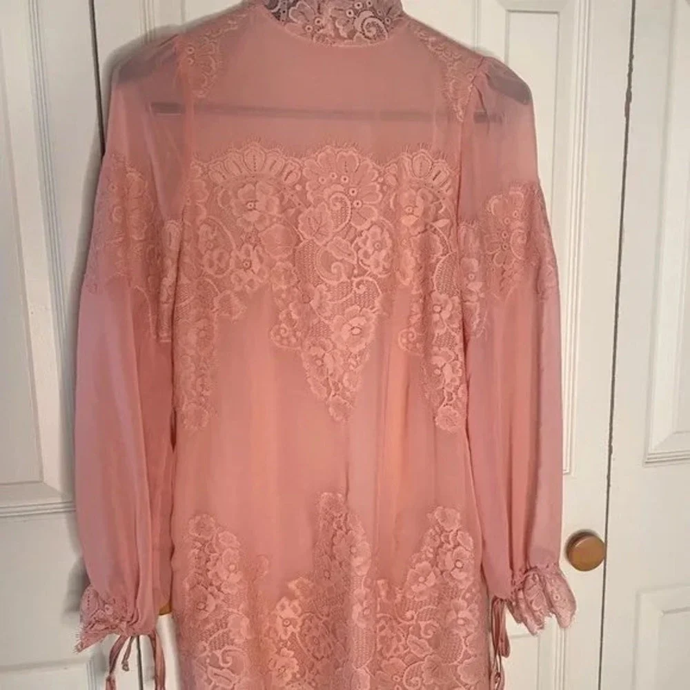 HAH Dusty Rose Pink Lace Trim Blouse Sheer Cover up Romantic‎ Lightweight Medium